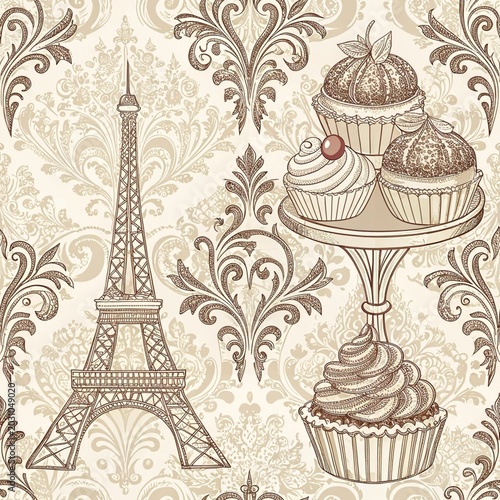 French Bakery Digital Paper Pack with Vintage Pastry Floral Seamless Patterns for Printable Crafts and Scrapbooking