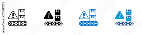 Conveyor Warning Multiple Style Icon Design Vector - Conveyor with warning sign and packages representing shipment delay, warehouse risk, and production line alert
