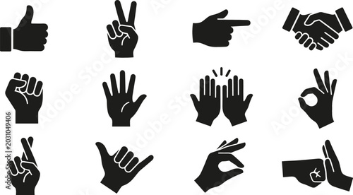 Photography Hand Gestures and Signs Icon Set with Thumbs Up Victory Pointing Handshake Fist