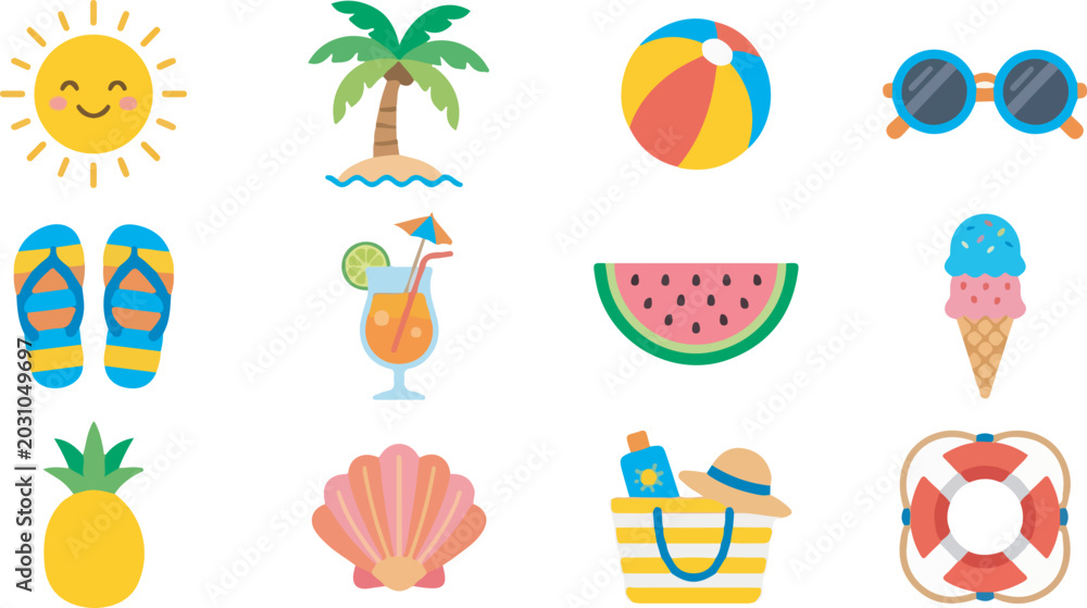 Naklejka premium Cute Summer Beach Vacation Vector Icon Set
