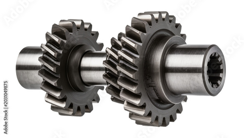 Foto Two metal helical gears meshed together on shafts, isolated on transparent backg