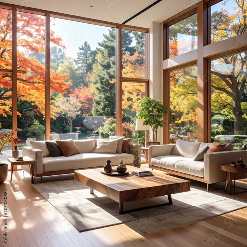 Modern living room with large windows showcasing vibrant autumn foliage (1)