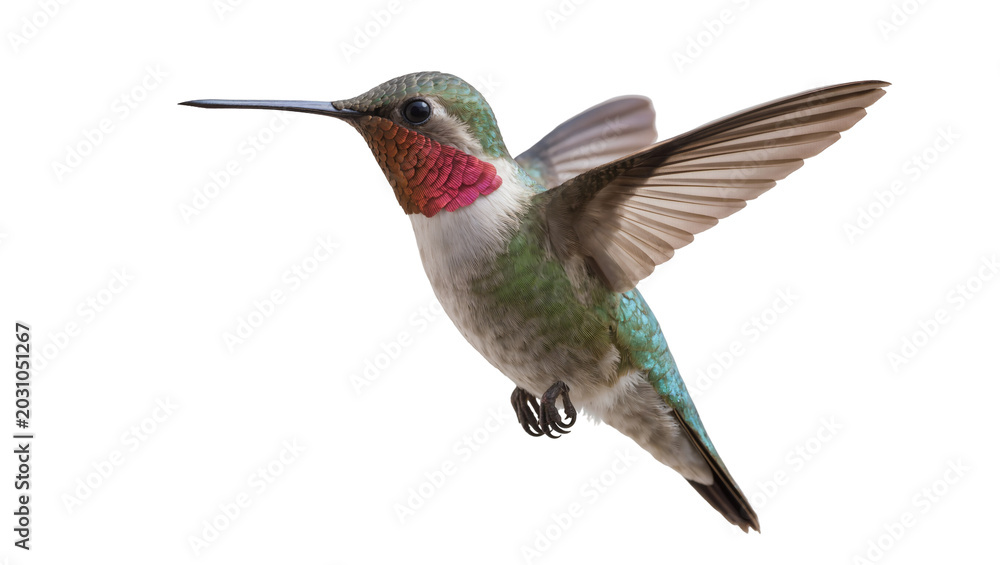 Fototapeta premium Male Anna s hummingbird with iridescent gorget wings spread, isolated on transparent background