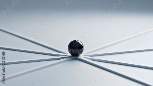 Pivotal dark sphere at the heart of radiating lines, symbolizing strategic choices, decision-making, and interconnected paths for future opportunities