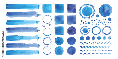 Fotografía Vibrant blue watercolor texture collection with strokes circles squares and wavy