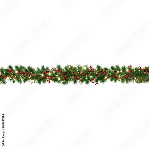 Christmas Garland with Pine Cones Berries and Lights Keywords: Christmas, garland, festive isolated on a transparent background