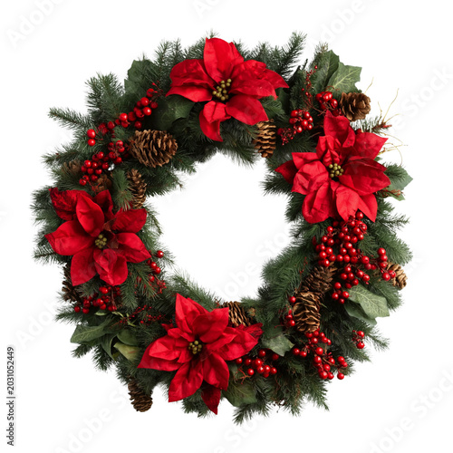 Christmas Wreath with Red Poinsettias and Pine Cones isolated on a transparent background