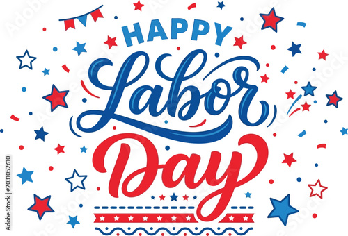 Vibrant red white and blue happy labor day celebration graphic