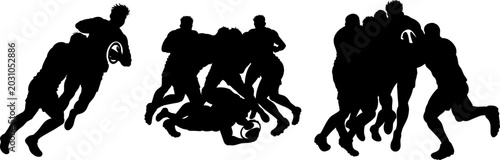 Tableau sur toile Rugby player silhouettes set featuring dynamic match action including tackling, ruck, and maul