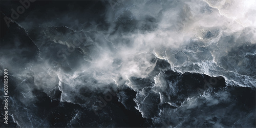 Cuadro en lienzo Dramatic dark storm clouds and abstract blue smoke roll over a stormy night sea