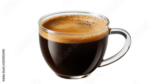 Photos Clear glass cup filled with dark espresso coffee and crema, isolated on transpar