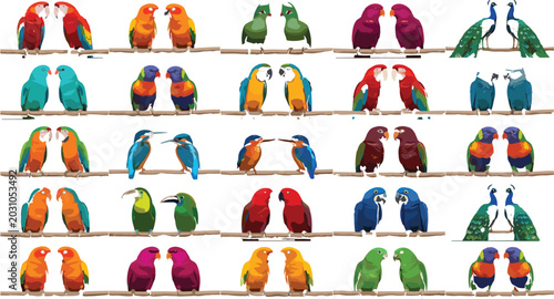 Bild auf Leinwand Comprehensive ornithology vector illustration set featuring diverse wild tropica