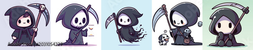 Bild auf Leinwand Five cute chibi grim reaper characters holding scythes in various poses
