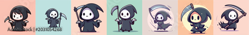 Foto Collection of cute chibi grim reaper characters with scythes.