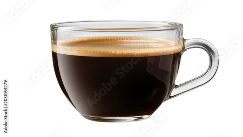 Valokuva Clear glass cup filled with dark espresso coffee and crema, isolated on transpar