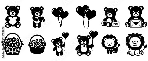 Bild auf Leinwand Cute teddy bear and lion silhouette vector set with heart balloons flower basket