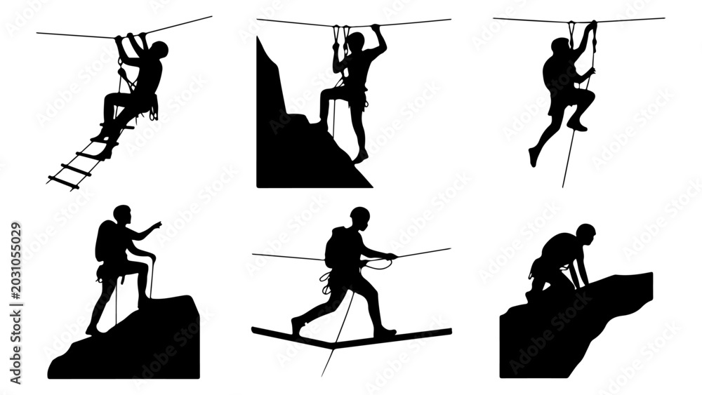 Fototapeta premium Rock climbing silhouette icons set with climber ascending mountain wall vector illustration, adventure sport collection isolated on white background