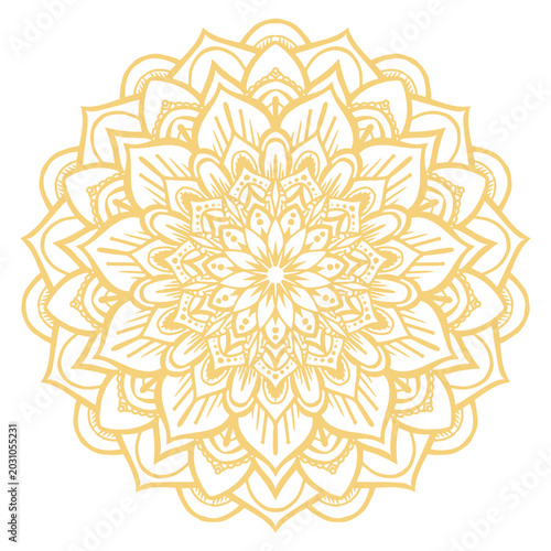 Intricate golden yellow mandala artwork, a symbolic concept representing harmony and spiritual well-being, ideal for meditation, relaxation, and decorative design