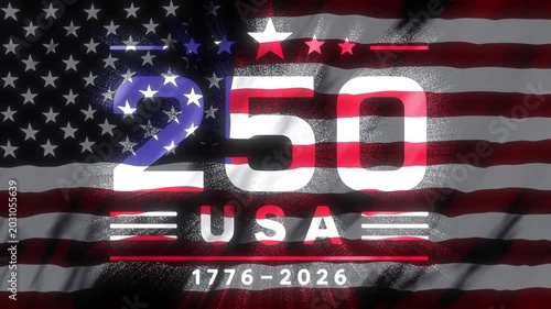 Patriotic anniversary design celebrating 250 years of the USA with a waving American flag, ideal for national holiday campaigns, broadcast graphics, and commemorative content