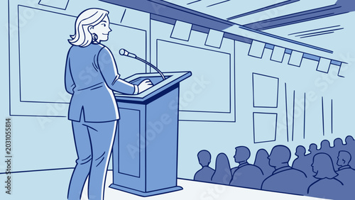Businesswoman gives presentation to audience in conference room with podium and screen