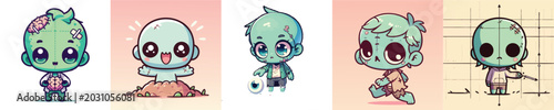 Vászonkép Cute Chibi Style Green Aliens in Various Poses.