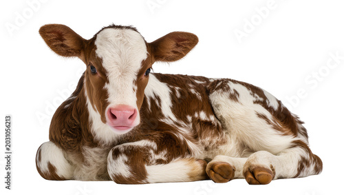 Fényképezés Brown and white spotted calf lying down, isolated on transparent background