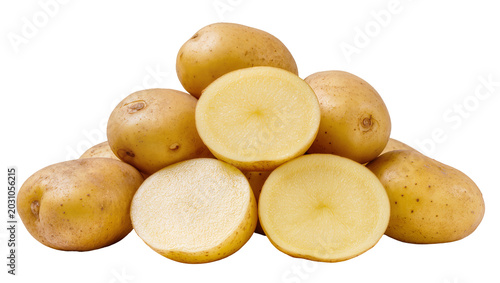 Quadro em tela Pile of whole and halved raw potatoes, isolated on transparent background