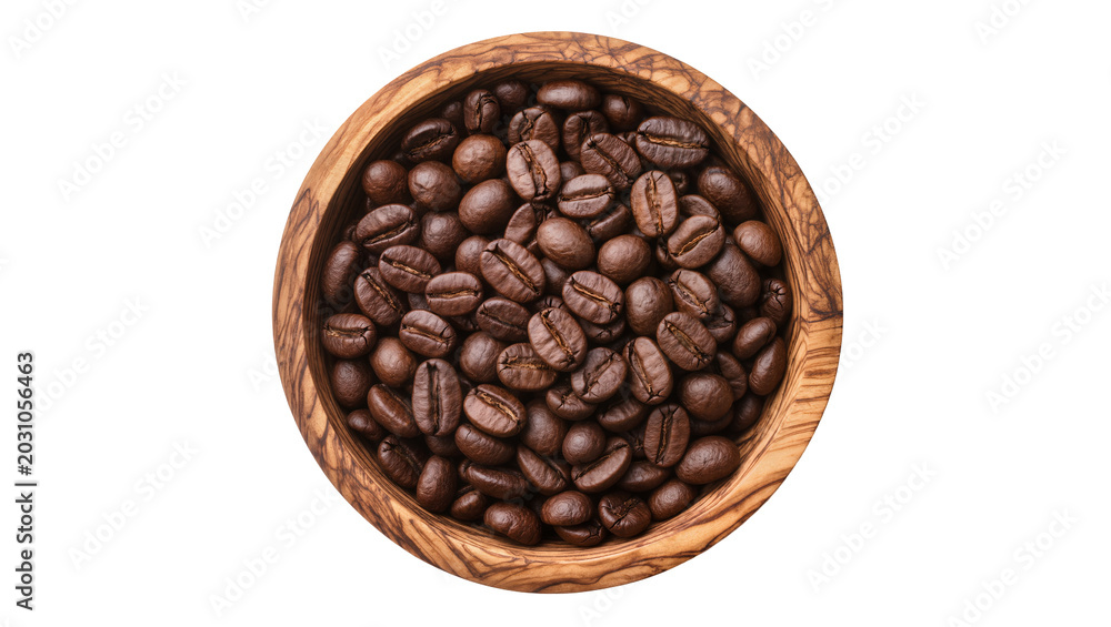 Fototapeta premium Roasted coffee beans filling a rustic wooden bowl, isolated on transparent background