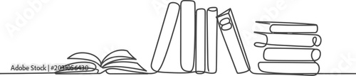 Continuous line art drawing of books on a shelf with an open book education knowledge learning literature minimalist