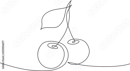 Single line drawing of two cherries with line art continuous line cherries