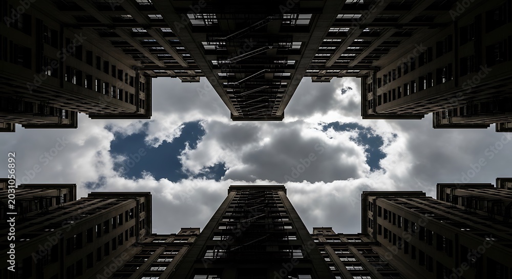 Fototapeta premium Low angle view of tall apartment buildings with fire escapes against cloudy sky