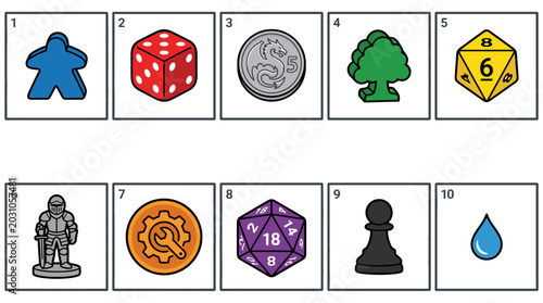 Collection of gaming and tabletop roleplaying game dice and tokens