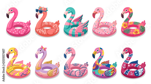 Colorful inflatable pool floaties in the shape of swans and animals