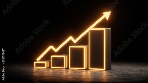 Glowing three dimensional bar chart demonstrates positive progression with an upward trending line graph