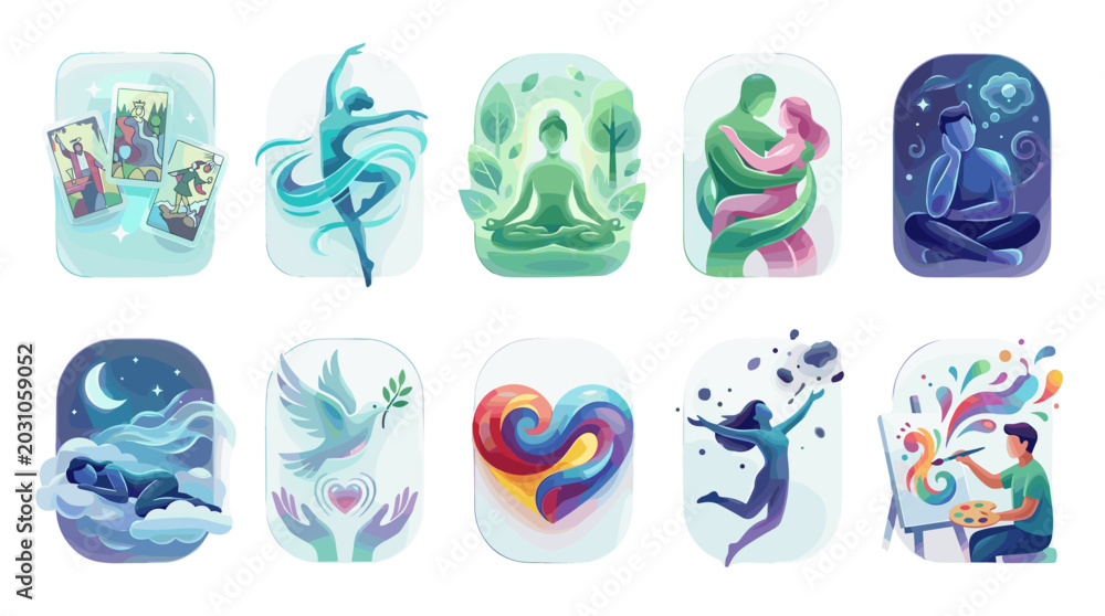 Fototapeta premium Collection of colorful abstract illustrations representing creativity and imagination