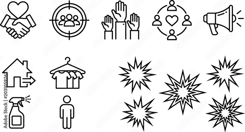 Fototapeta premium Business Partnership Marketing Announcement and Target Audience Icon Set with Home Cleaning Service and Comic Starburst Elements