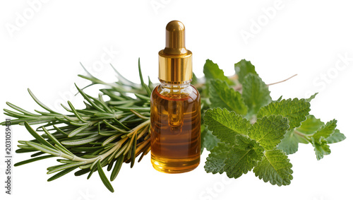 фотографія Amber essential oil in dropper bottle with rosemary and mint sprigs, isolated on