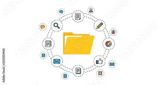 Centralized data management concept featuring a yellow file folder surrounded by various business and digital information icons.