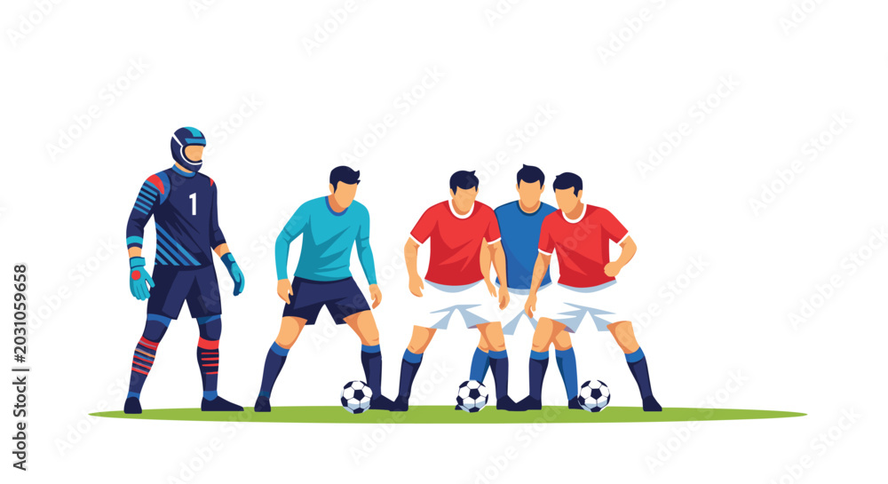 Fototapeta premium Professional soccer team players in blue and red uniforms with white shorts standing together on a grass field.