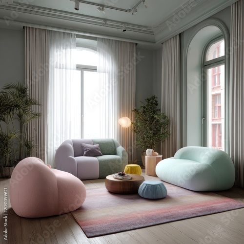 Contemporary living space furnished with rounded, colorful seating arrangements and natural light