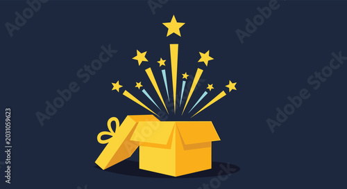 Bright yellow gift box opened with stars and light rays bursting out against a dark navy blue background for celebration.