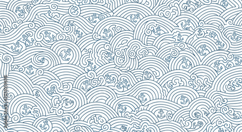 Traditional japanese blue wave pattern background with small white anchors integrated into the curly waves in nautical style.