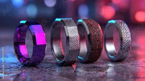 Four distinct metallic bands display varied surface textures under dramatic neon lighting.