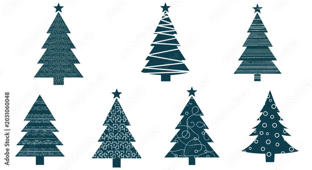 Obraz premium Collection of various modern christmas tree icons with different patterns in a dark teal color palette on white base.