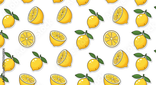 Fresh lemon pattern featuring whole yellow fruits with green leaves and sliced lemons for a bright citrus background.