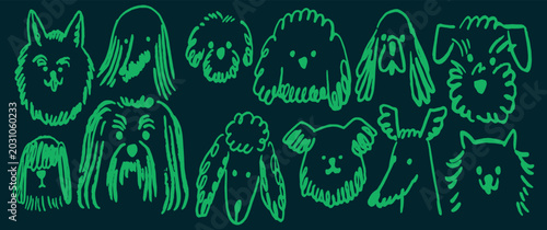 Foto A charming collection of diverse dog breeds illustrated in a stylized neon green outline on a dark background