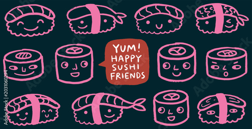 Photos A collection of cute, happy sushi characters with smiling faces, presented in a fun, cartoonish style against a dark background