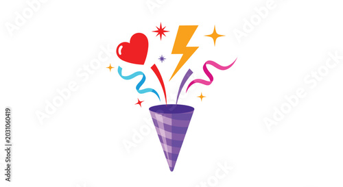 Colorful party popper exploding with festive confetti hearts and a lightning bolt symbol for celebration and surprise events.