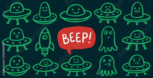 Canvas Print A collection of cute, hand-drawn cartoon aliens and UFOs with various expressions, set against a dark background