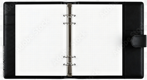 Open black leather binder notebook with blank grid paper pages, 6-ring mechanism organizer on transparent background